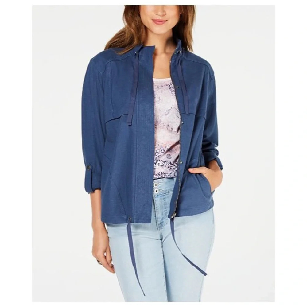 Style & Co. Utility Full Zip Jacket Uniform Blue Linen Blend NWT Small Women’s